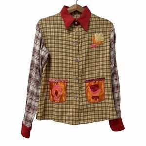 Paul Ropp Womens Embroidered Plaid Patchwork Flannel Shirt Size L Multicolor Art